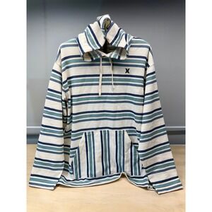 Hurley Mens OG Hooded Poncho Striped Baja Hoodie M Cream Blue NWT